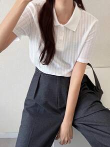 FRIFUL Women's Loose Fit Polo Collar Ribbed Short Sleeve Solid Color T-Shirt - White - View 3