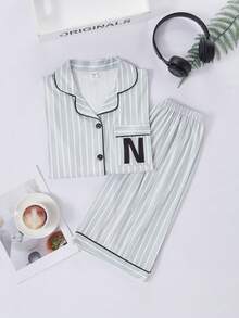 Teen Boy Striped Text Print Pattern Short Sleeve Shorts & Cardigan Pajama Set, Milk Silk Fabric, Casual Loungewear For Teens - Grey - View 4