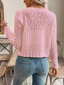 Rafferiza Women's Round Neck Hollow Front Button Cardigan Knit Sweater Jacket, Autumn/Winter - Pink - View 2