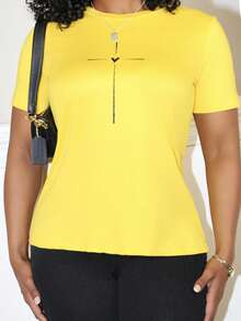 Steph T 女式修身休闲十字印花短袖 T 恤，夏季时尚上衣图案 T 恤女式上衣 - 黃色 - 查看 4