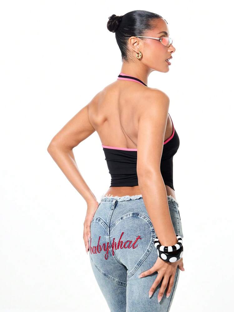 BABYPHAT Women's Halter Neck Graphic Tank Top With Print And Pink Contrast Trim Sleeveless Cropped Summer Y2K Style