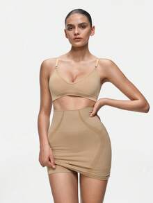 SHAPORA 无缝高腰塑身裙，带安全短裤，性感紧身包臀裙，提拉塑形腰部连衣裙 - 杏色 - 查看 7