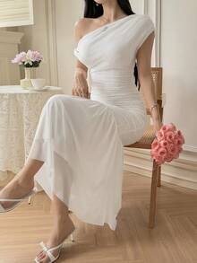 Feyla 女士褶皱不对称中长连衣裙，优雅时尚 - 白色 - 查看 1