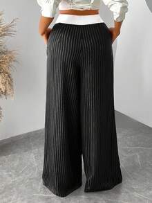 SHEIN SXY Quần kẻ sọc cạp cao màu đỏ cỡ lớn cho nữ, phù hợp mặc hàng ngày, công sở, đơn giản, đi làm, thanh lịch, giản dị, mua sắm, dạo phố, đi chơi, đơn giản và đa năng, dễ phối đồ và trông thon gọn, tôn dáng, tôn dáng, xuân/hè - màu đen - Xem 2