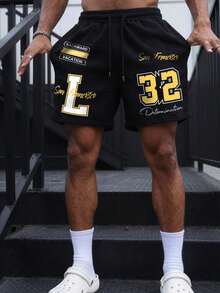 Manfinity Homme Men's Drawstring Waist Pocket Letter & Number Print Casual Versatile Daily Wear Shorts - Black - View 1