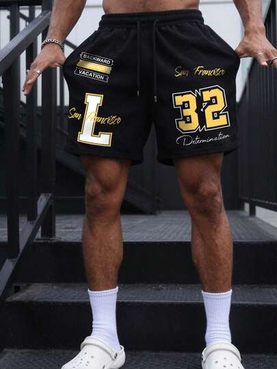 Manfinity Homme 男士抽绳腰带口袋字母数字印花休闲百搭日常短裤