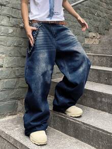 Manfinity EMRG Plus Size Men's Casual Loose Fit Pockets Straight Leg Jeans - Dark Wash - View 4