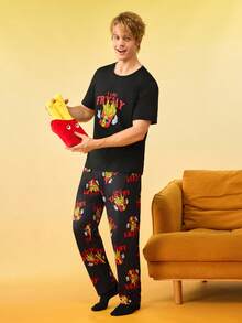 Notgurli Conjunto de pijama con Top de manga corta con cuello redondo con estampado de letras y papas fritas, y pantalones con estampado a cuadros - Negro - Ver 4