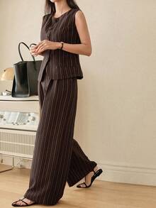 Dazy-Less Women's Striped Single-Breasted Vest And Wide-Leg Pants Casual Commuter 2 Pieces Set,Wedding Guest Dress Women - Brown - View 8