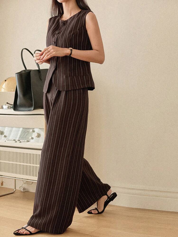 Women's Striped Single-Breasted Vest And Wide-Leg Pants Casual Commuter 2 Pieces Set,Wedding Guest Dress Women Business Casual Woman