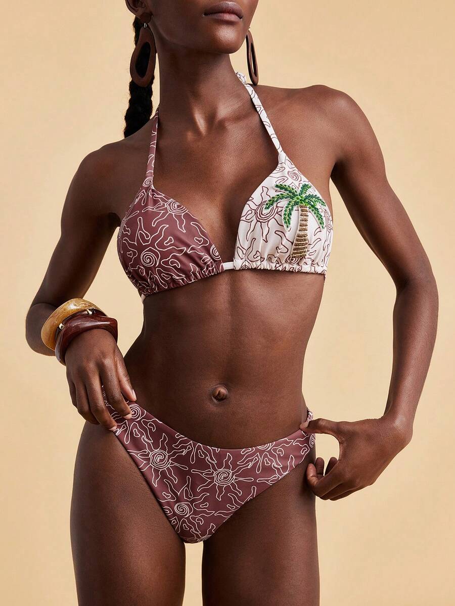 Travachic 女士夏季沙滩椰树串珠吊带比基尼套装 - 彩色 - 查看 1