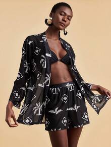 Travachic 女士度假沙滩椰树几何印花上衣短裤泳衣罩衫套装 - 彩色 - 查看 1