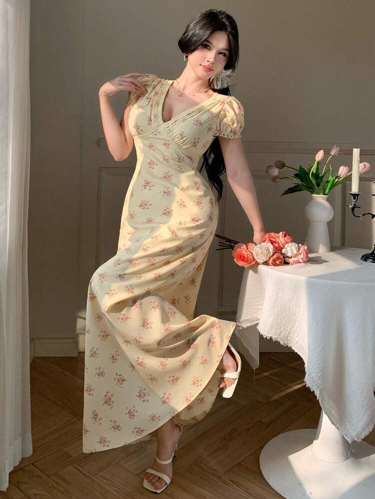 Vintage French Floral V-Neck Lace Trim Cinched Waist Maxi Dress Sundress Summer