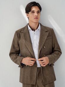 RONVEXI Men's Herringbone Mandarin Collar Double-Breasted Jacket And Pants Business Suit Set - Rust Brown - View 5