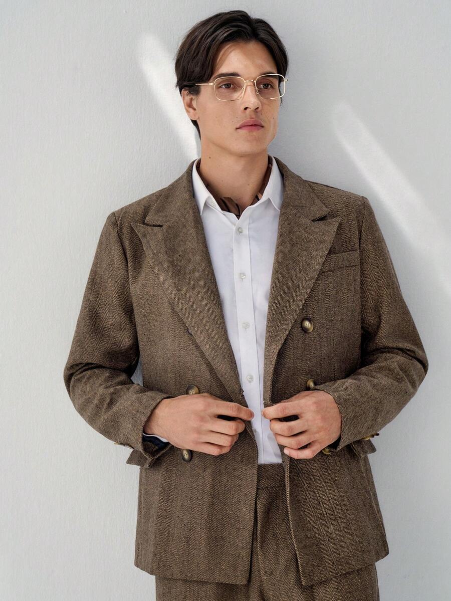 RONVEXI 男士人字纹立领双排扣西装外套及西裤商务套装 - 鏽棕色 - 查看 1