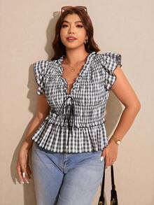 Elaquor 大码夏季休闲格子系带荷叶边下摆衬衫 - 黑與白 - 查看 5