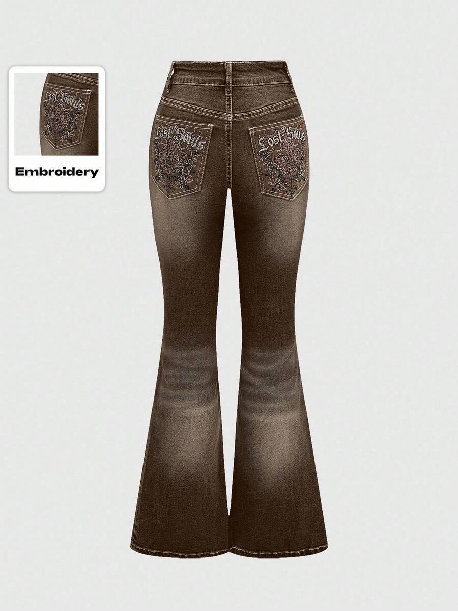 ROMWE Grunge Punk Women's Leopard Embroidered Pocket Flare Leg Skinny Jeans - Brown - View 1