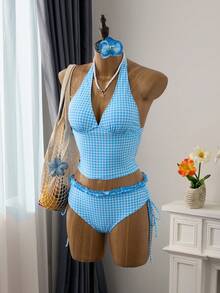 Swim Vcay Women's Tankini 2-Piece Swimwear Set, Plaid Print With Ruffle Trim, Halter Neck Tie Top And Drawstring Bottoms, Summer Beach Swimwear - Blue - View 4
