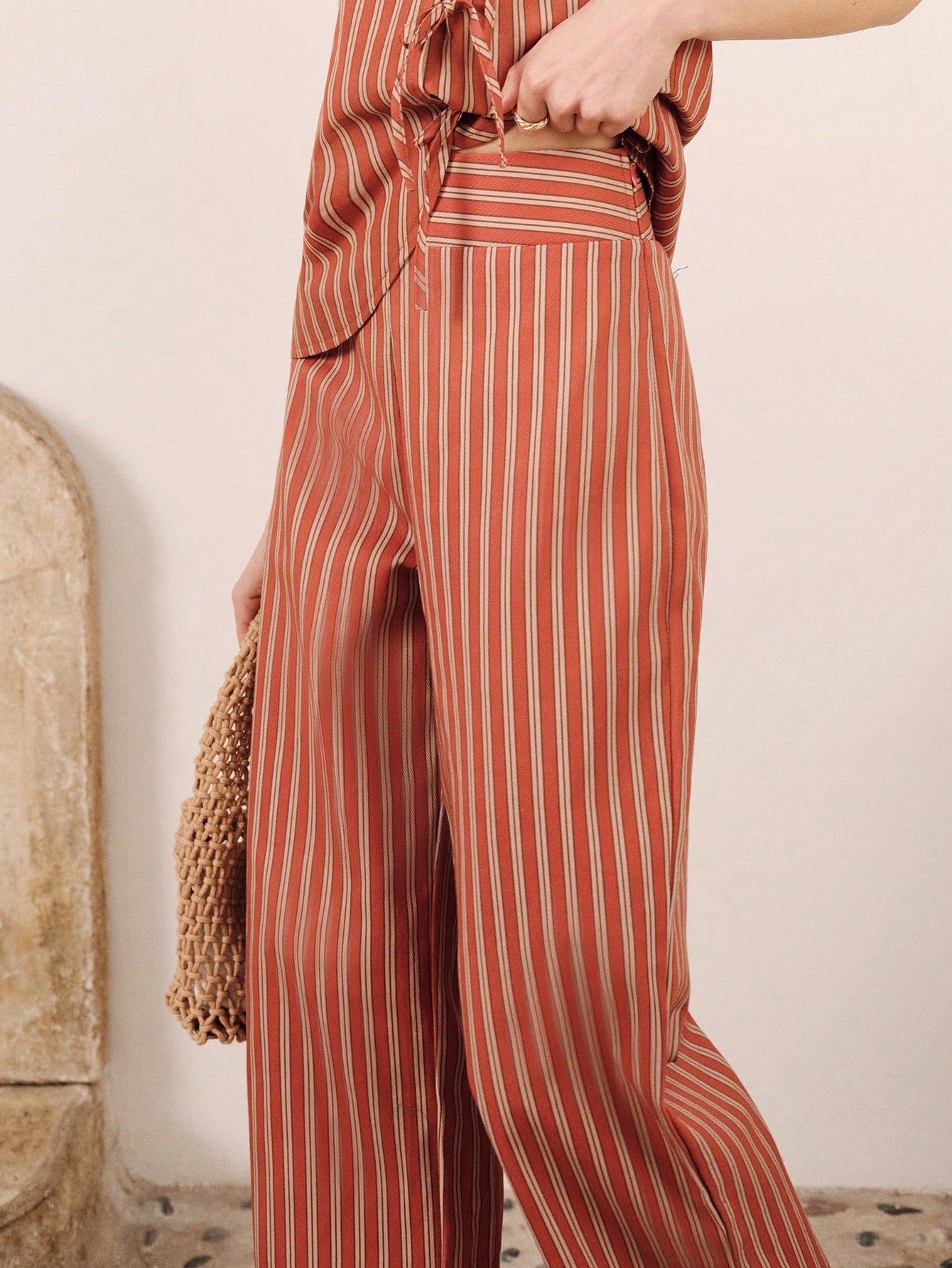 High-Waisted Striped Straight-Leg Trousers For Summer Vacation Spring Summer Style French Style Parisian Style Vacation Business Casual Resort
