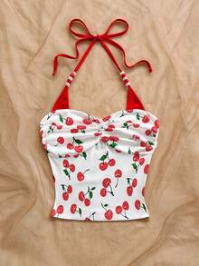 Soleia Women's Summer Beach Vacation Cherry Print Ruched Beaded Halter Top - Multicolor - View 3