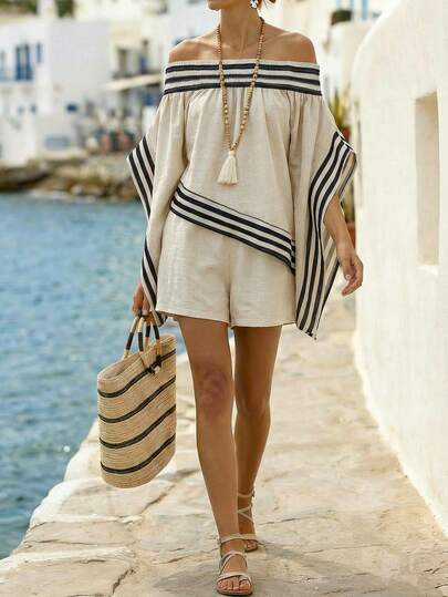 Balvessa Women's 2-Piece Casual Outfit, Off-Shoulder Striped Half Sleeve Asymmetrical Hem Blouse And Elastic Waist Shorts, Suitable For Beach, Spring/Summer Holiday And Daily Wear