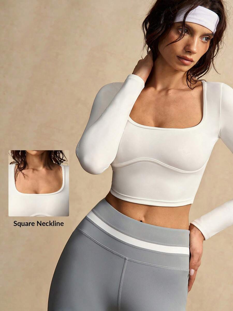 VARSIVA Áo thun thể thao tay dài cổ vuông màu trơn dáng ngắn - trắng - Xem 1