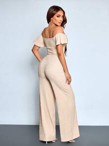 SOLERSUN Women's Fashionable Elegant V-Neck Off Shoulder Ruffle Sleeve Party Night Club Sparkly Fabrics Jumpsuits, Slim-Fit Wide Legs Elegant Party/Date Night Romper - Apricot - View 2