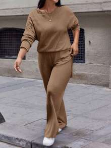 SHEIN Cottnline Conjunto De Pantalones Largos Y Camiseta Acanalada Con Dobladillo Con Aberturas De Talla Grande Para Mujer - Marrón - Ver 3