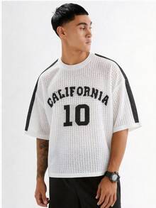 Manfinity Unisex Men's Letter Jacquard Crew Neck Short Sleeve Hollow Out Loose Knit Top - Beige - View 1