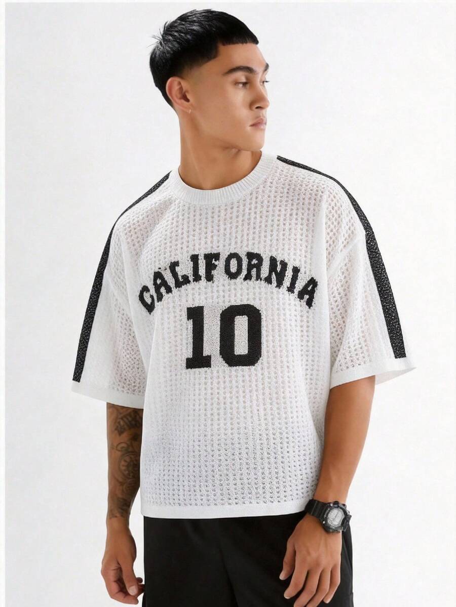 Manfinity Unisex Men's Letter Jacquard Crew Neck Short Sleeve Hollow Out Loose Knit Top - Beige - View 1