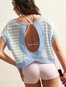 VARSIVA Women's Striped Round Neck Backless Bat Sleeve Sports T-Shirt - Multicolor - View 7