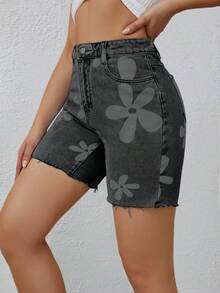 Rivivi Women's High Waist Floral Print Frayed Hem Denim Shorts - Dark Grey - View 4