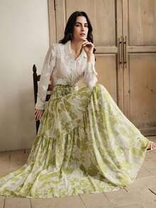 Anewsta Romantic Elegant French Chiffon Floral Skirt, Fashionable Design Pleated Midi Skirt, Spring/Summer New Arrival - Lime Green - View 7
