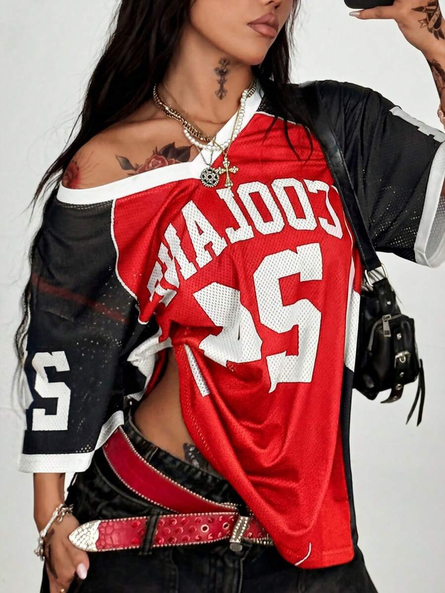Coolane Damen Frühlings- und Sommerfestival Vintage Streetwear Sportbekleidung Camouflage Nummer bedrucktes Baseball Jersey T-Shirt - Verschiedenfarbig - Übersicht 1