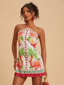 Travachic Vestido corto de verano con tirantes de espagueti y estampado de gasa para mujeres - Multicolor - Ver 3