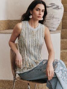 Anewsta 女士花卉针织镂空圆领毛衣背心 - 灰色 - 查看 4