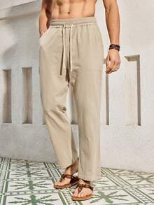 Mercer Haus Pantalones de lino livianos de unicolor para hombres, cómodos de usar, adecuados para la playa, vacaciones, deportes casuales, otoño, y apropiados para vacaciones de verano tropical en Hawái. - Caqui - Ver 6