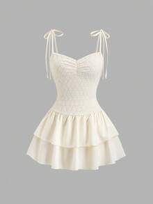 Sweetra Spring & Summer Sweet Girl Textured Camisole Tie-Up Jacquard Fabric Pleated Bustier Patchwork Double-Layer Ruffle Hem Women White Dress - Yellow - View 1