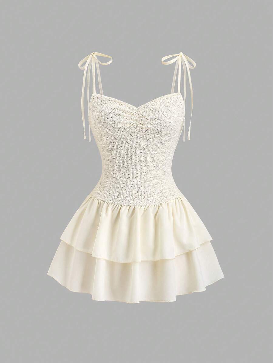 Sweetra Spring & Summer Sweet Girl Textured Camisole Tie-Up Jacquard Fabric Pleated Bustier Patchwork Double-Layer Ruffle Hem Women White Dress - Yellow - View 1