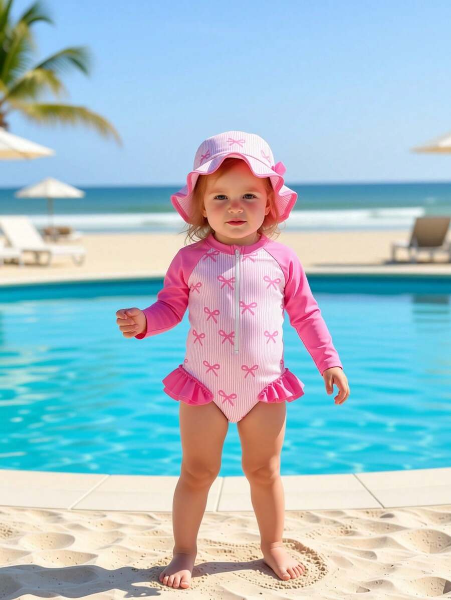 Sparklyn 女婴可爱弹力粉色撞色蝴蝶结印花荷叶边长袖两件套泳衣带帽子 - 粉色 - 查看 1