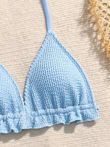 Tween Girls Bikini Sets,Girls' Swimsuit Set, Vacation-Ready, Casual, Elegant, Blue Set Made Of Wavy Fabric. Features A Halter-Neck, Sleeveless Top With Sweet Ruffle Details, And Matching Bottoms In The Same Fabric. The Three-Piece Swimsuit Set Includes A Halter-Neck Top, Briefs, And A Skirt.  Stylish, Casual, Sophisticated, And Elegant, Perfect For Swimming, Summer Vacations, Beaches, Swimming Pools, Summer Parties, And Leisure Activities. Tween Swimsuit Dusty Blue 3 Piece Bathing Suit Teen Girl Tween Bathing Suits 3 Piece Set 3 Piece Swimsuit Set - Blue - View 3