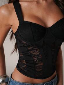 SHEIN BAE 女士性感蕾丝拼接不对称吊带露脐上衣，适合夜店、约会、音乐节、派对等场合，紧身胸衣 - 黑色 - 查看 7