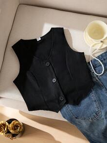 Elladie kids Áo gile ngắn tay cổ chữ V không tay, đa năng cho bé gái tuổi teen mùa xuân/hè, phù hợp để mặc đi làm hàng ngày, dễ phối với quần jeans. - màu đen - Xem 4