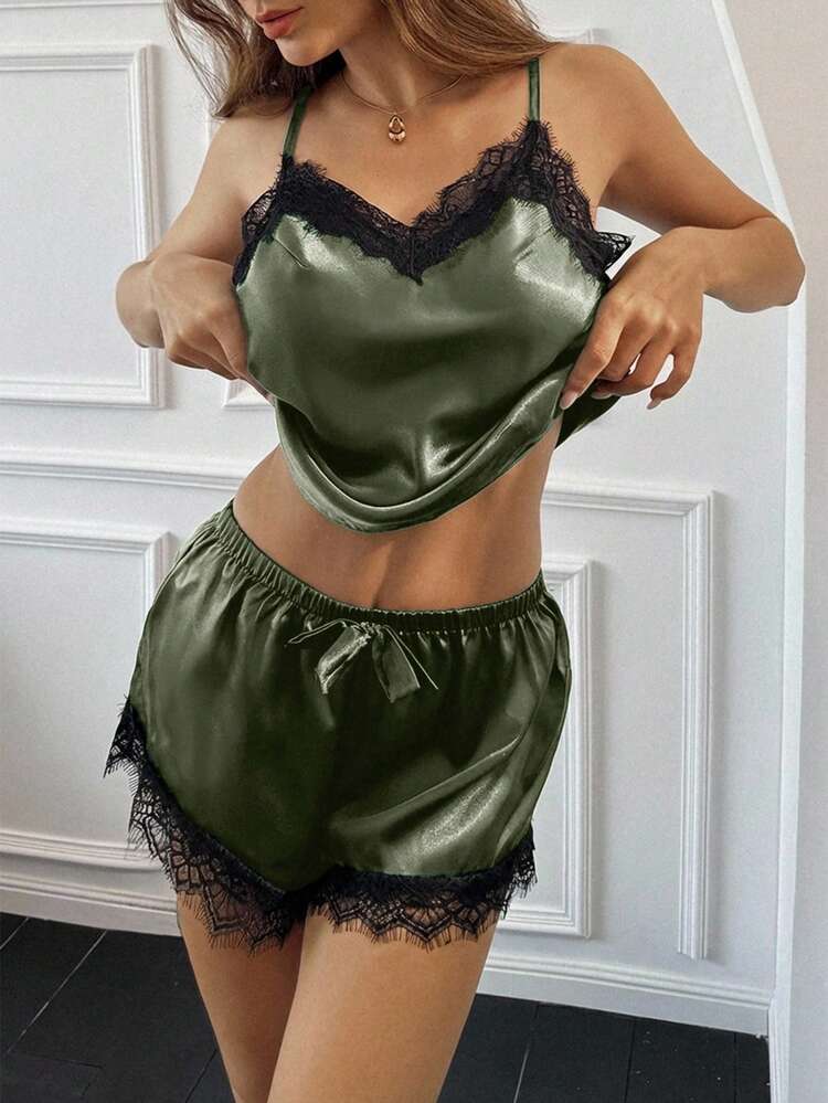 Aloruh 2pcs/Set Imitation Silk & Lace Splice Cami Top And Shorts Pajama Set - Dark Green - View 3