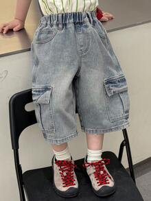 DAZY Young Boy Elastic Waist Slant Pocket Casual Loose Denim Shorts - Blue - View 4