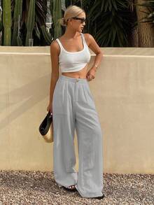DAZY 女士宽松纯色阔腿裤，带口袋，休闲度假夏季长裤 - 淺灰色 - 查看 4
