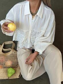 DAZY Áo nữ tay phồng cổ bẻ ngắn dáng casual mùa hè, chất liệu vải dệt họa tiết thêu. - trắng - Xem 5