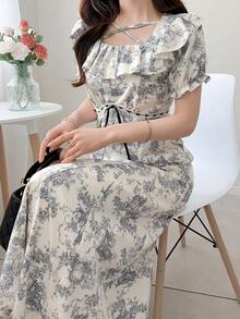 FRIFUL Women's Spring/Summer Ditsy Floral Waist Tie Bow Knot Ruffle Hem Maxi Dress, Casual Fitted Versatile Long Dress - Blue - View 4