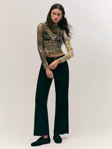 Easelle Green Mesh Sheer Fitted Crew Neck Long Sleeve Top For Women Summer Spring Festival  Going Out Camouflage Graphic Tees Women - Army Green - View 3