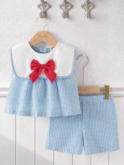 Souflis Souflis 2件套法式夏季新款女婴蓝色格子无袖上衣+撞色围兜领+休闲格子短裤，甜美可爱，时尚休闲套装，适合上学、玩耍、购物等各种场合。